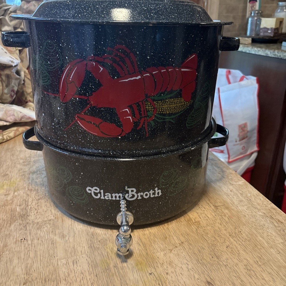 Speckled Enamel Black Double Steam Pot 15" Lobster Boil Clam Broth - 3 Piece
